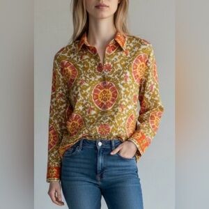 Lucky Brand Yellow/Orange Boho Print
Casual Cotton Button Down Shirt - Medium